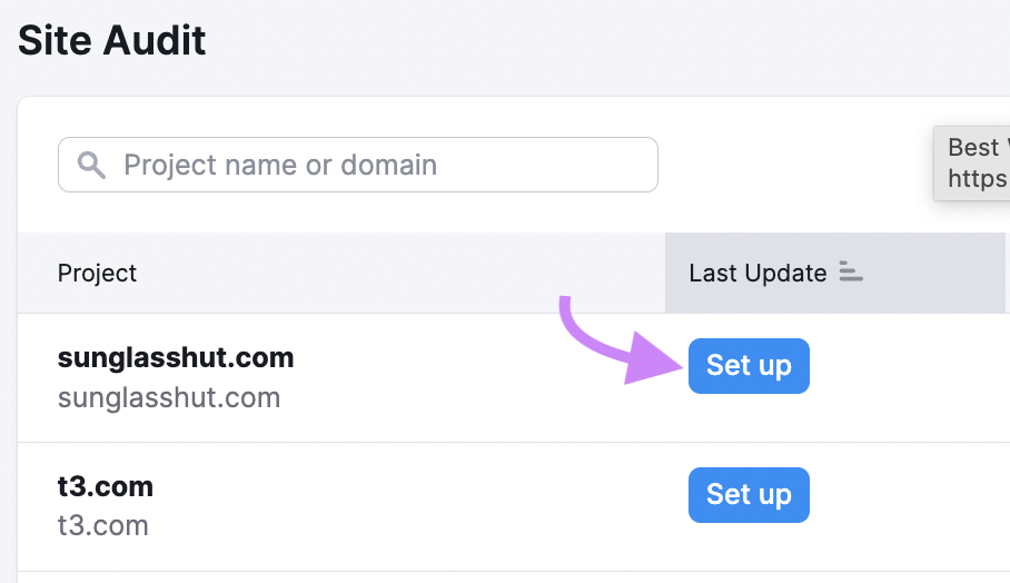 "Set up” button selected next to "sunglasshut.com" project under Site Audit