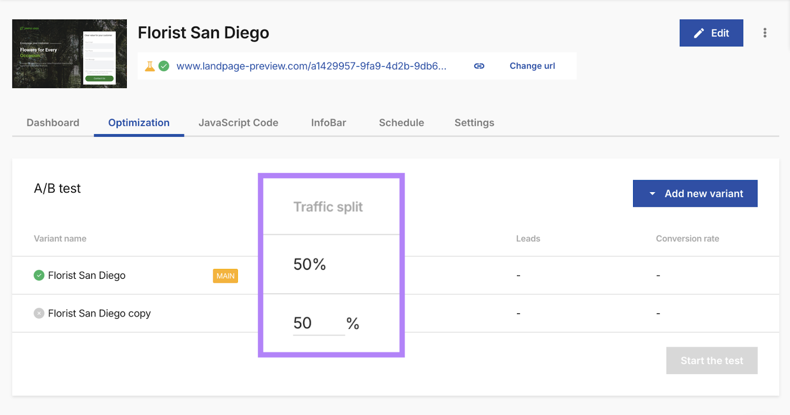 landing page traffic split is set to 50%