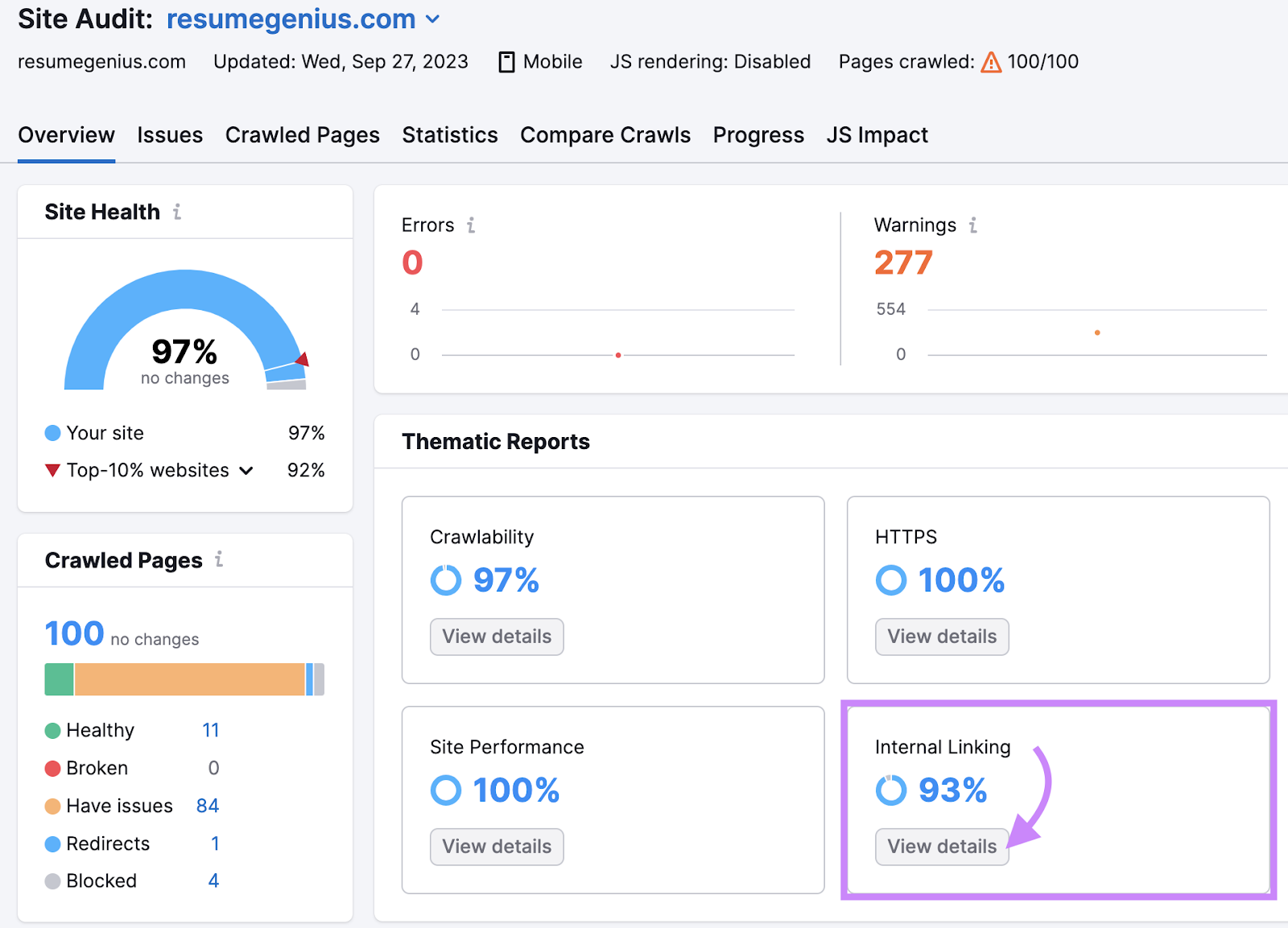 “Internal Linking” box highlighted in Site Audit dashboard