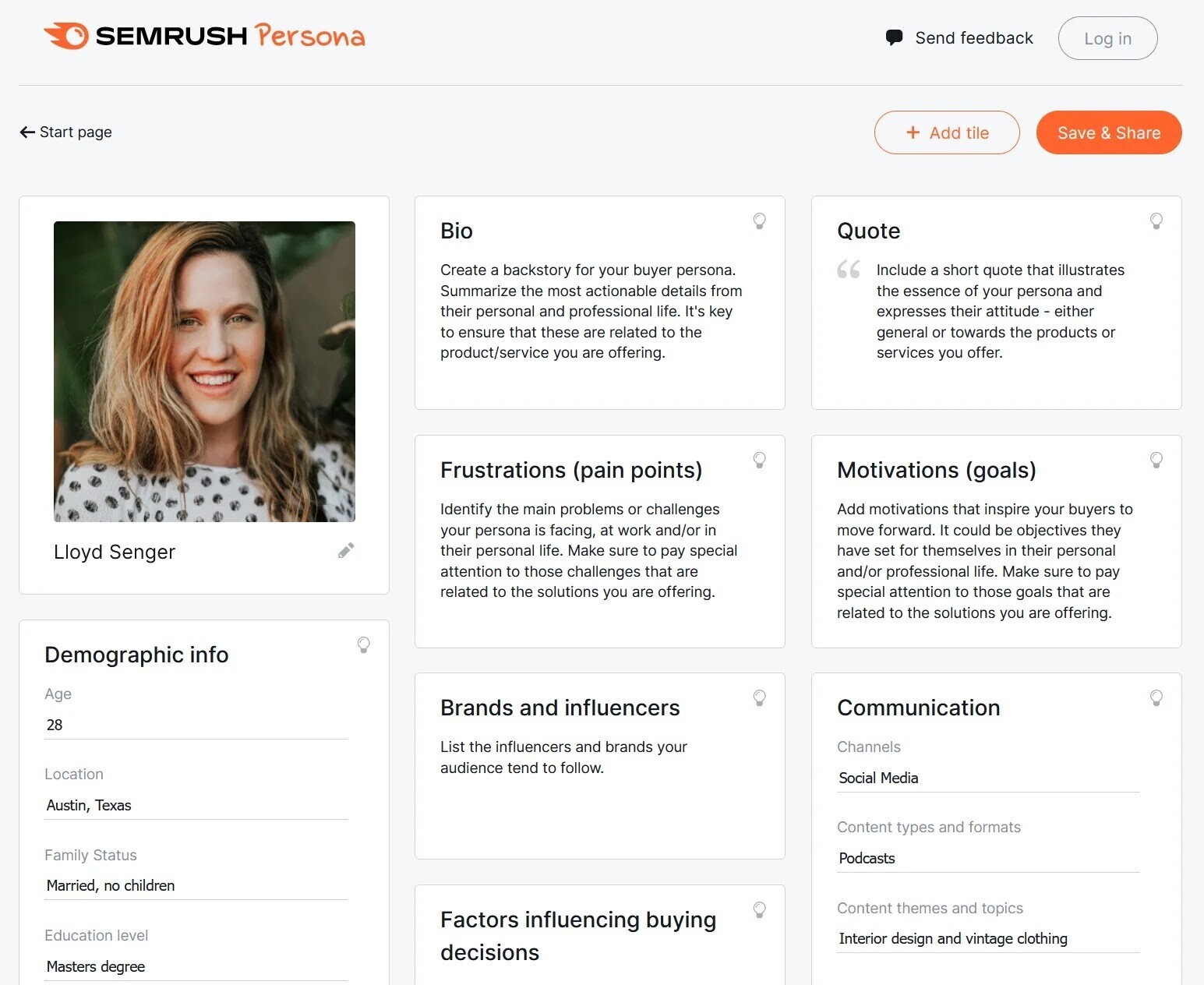 example of buyer persona in Semrush Persona tool