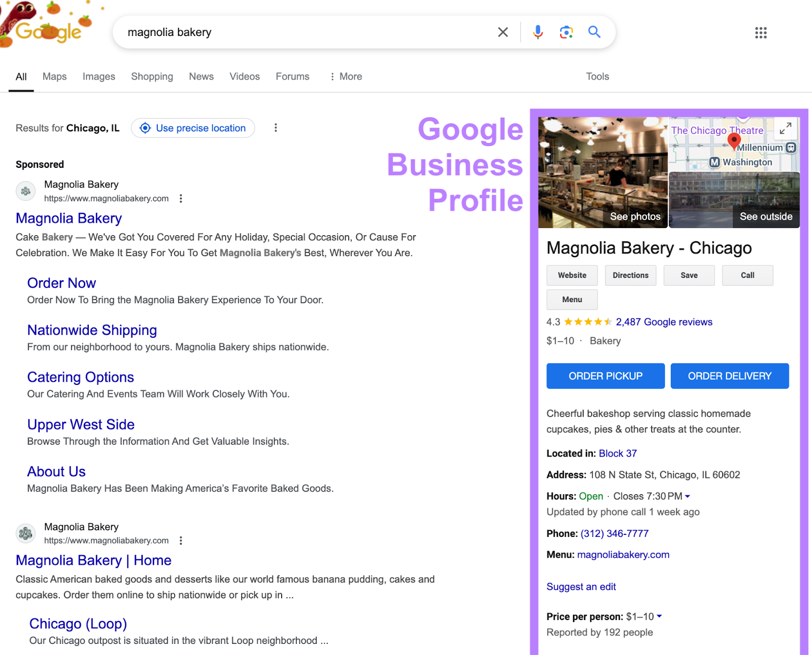 Search for a business shows a sponsored and organic result on the page including a sidebar with more details about the business.