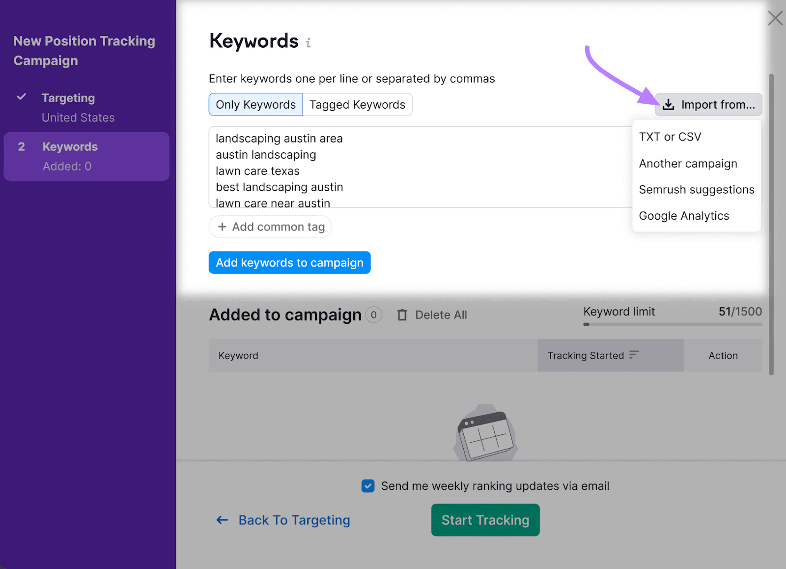 "Keywords" window in Position Tracking tool settings