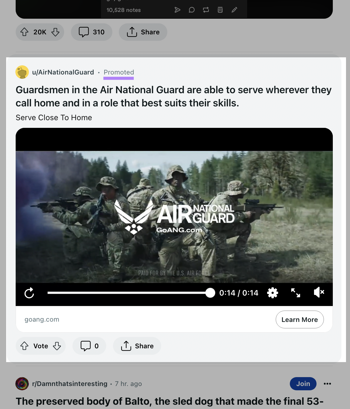 An example of a feed placement of Reddit ad with "Promoted" highlighted
