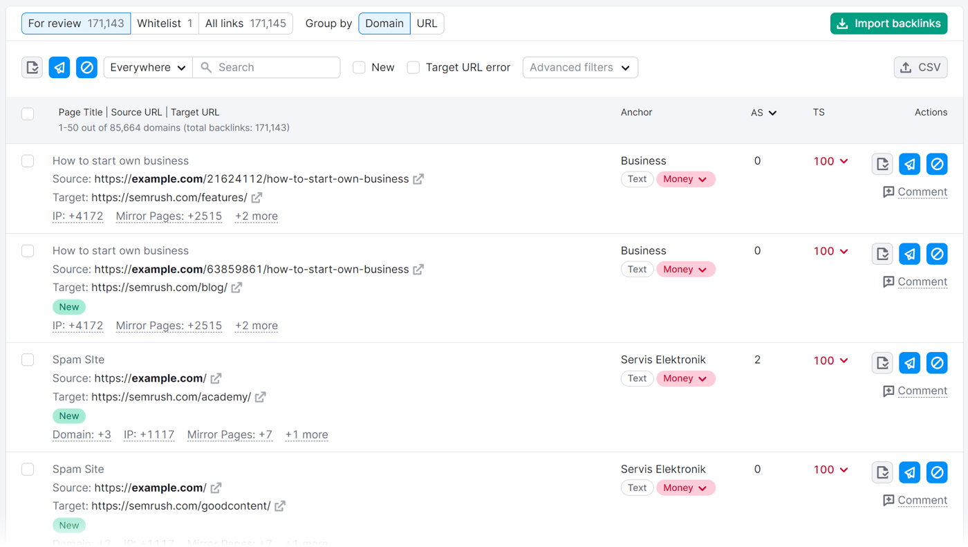 A list of referring domains whose links might be harming your site in Backlink Audit tool