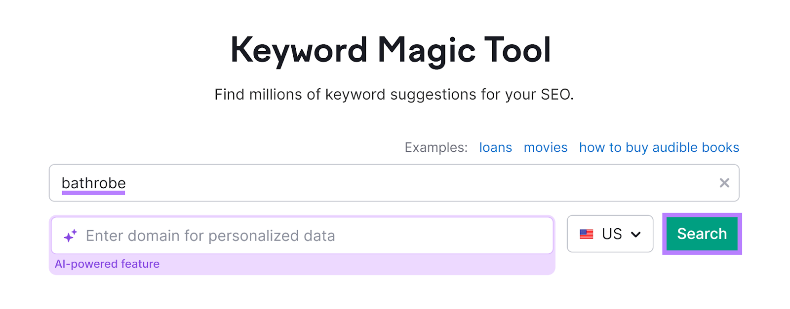 Keyword Magic Tool start with 'bathrobe' in input field and Search button highlighted.