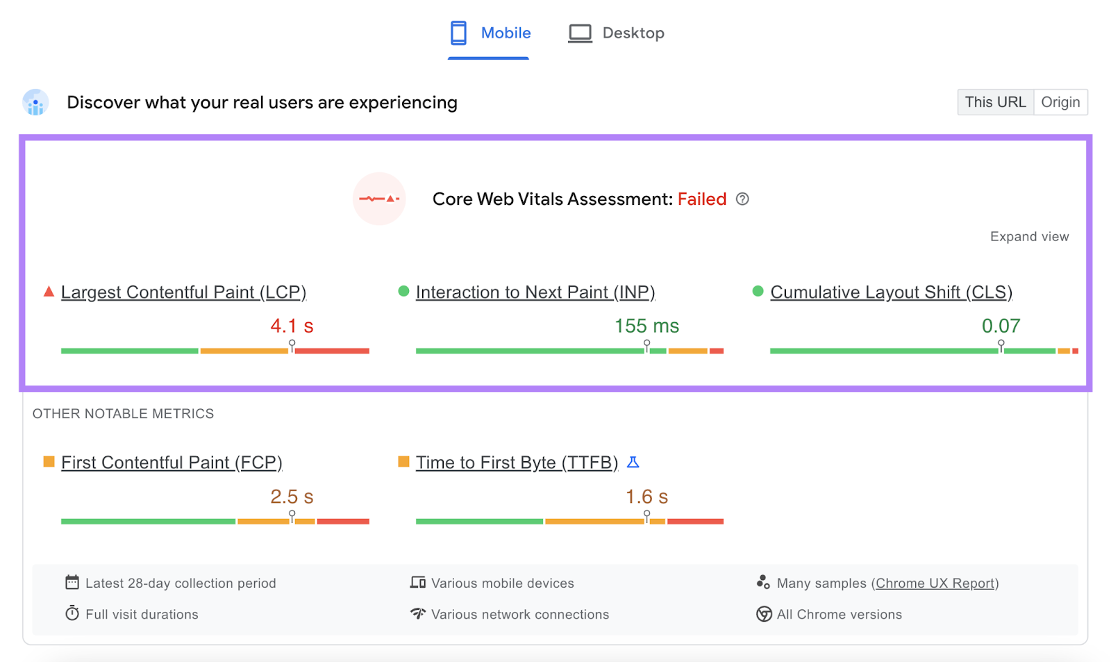 This Google SEO tool includes Core Web Vitals Assessment, showing metrics such as LCP, INP, CLS, FCP, and TTFB for more technical SEO.