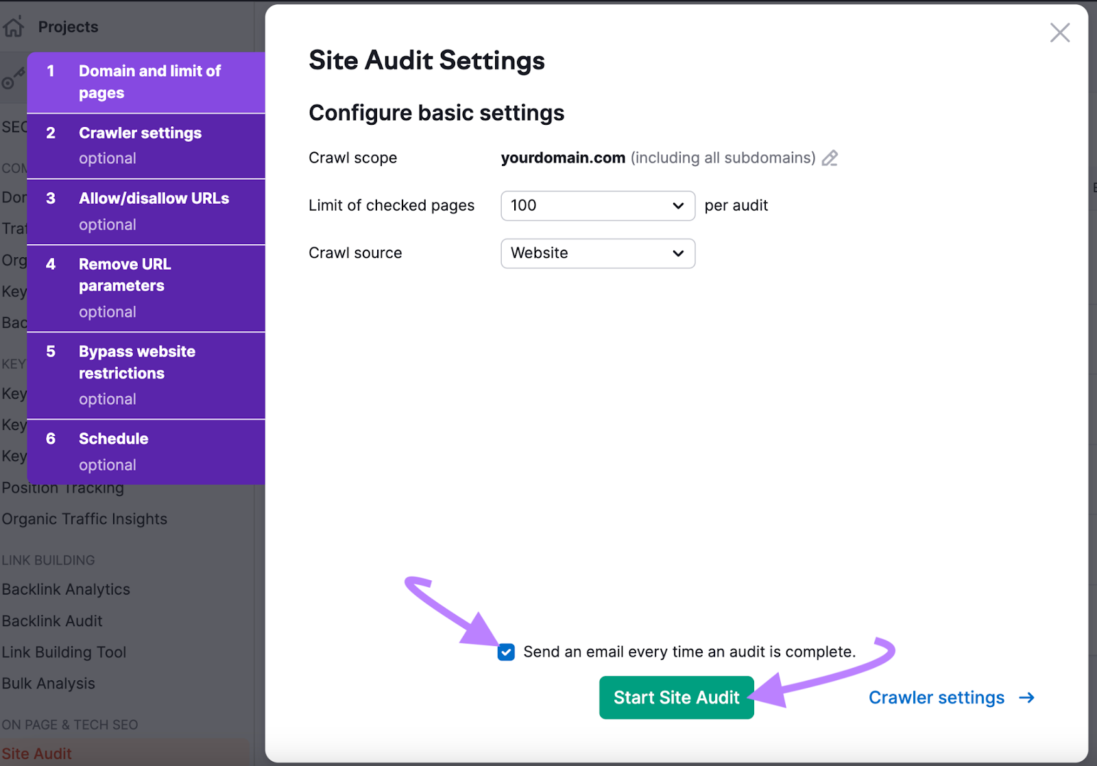 "Site Audit Settings" window