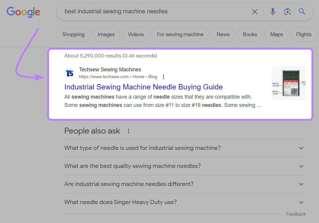 A result from Techsew Sewing Machines highlighted on Google SERP for "best industrial sewing machine needles" query