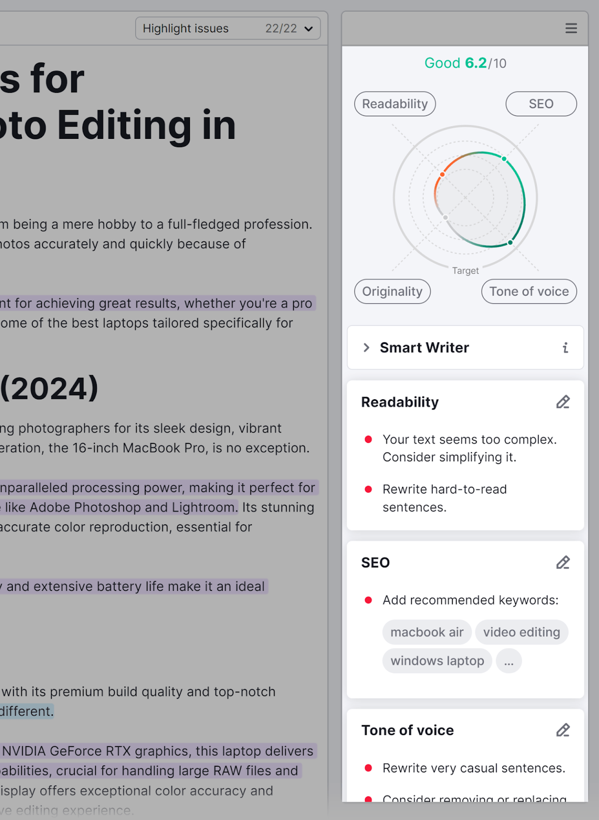 Copy suggestions in sidebar grouped into Readability, SEO, Tone of voice, and Originality.