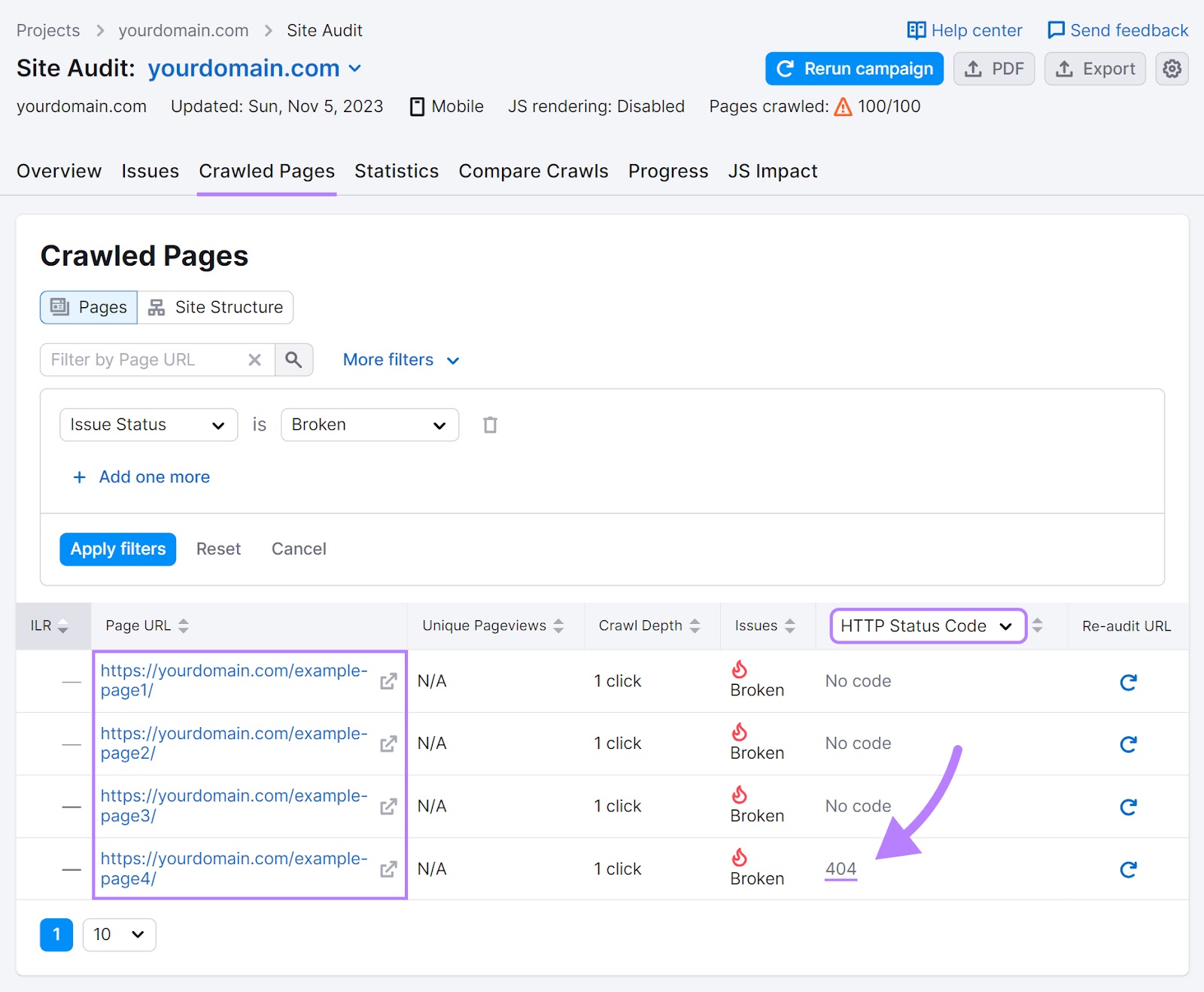 "Crawled Pages" report in Site Audit