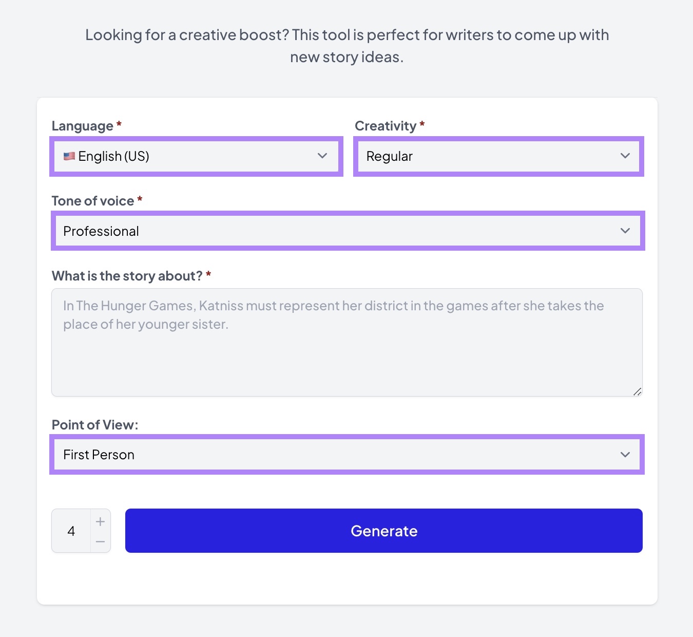 "Language", "Creativity", "Tone of voice," and "Point of View" input boxes highlighted on the AI Writing Assistant.