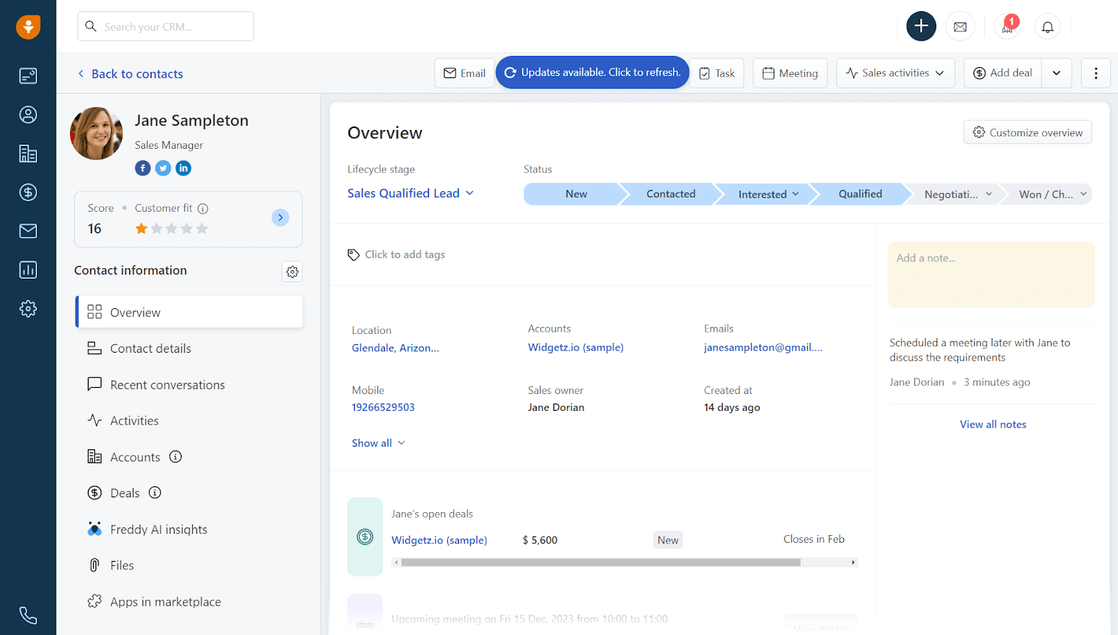 Overview dashboard in Freshsales CRM