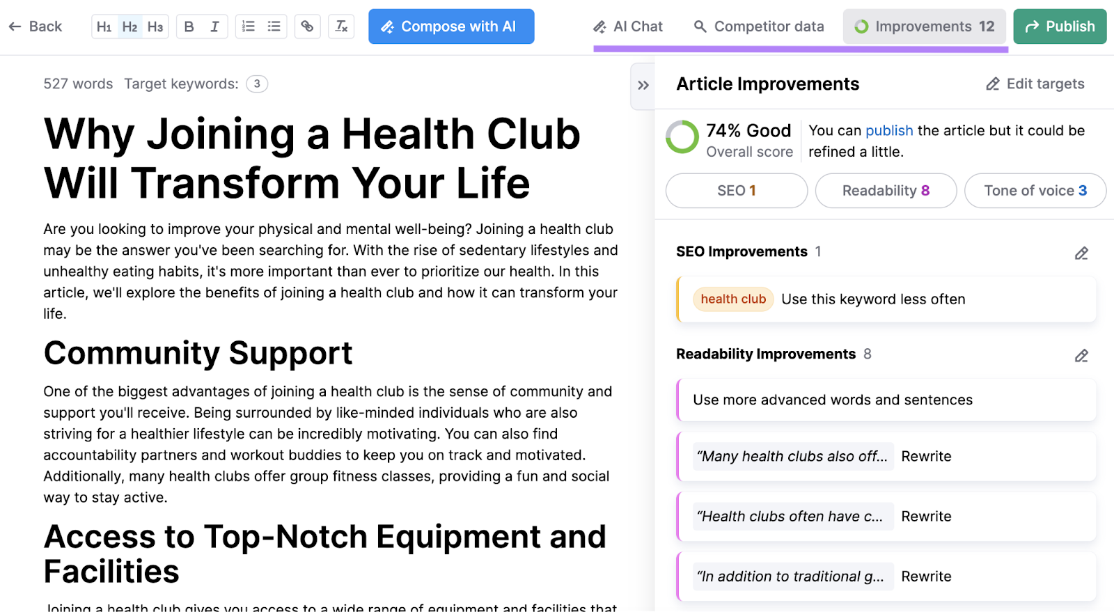 ContentShake AI app generated a detailed article outline based on competition