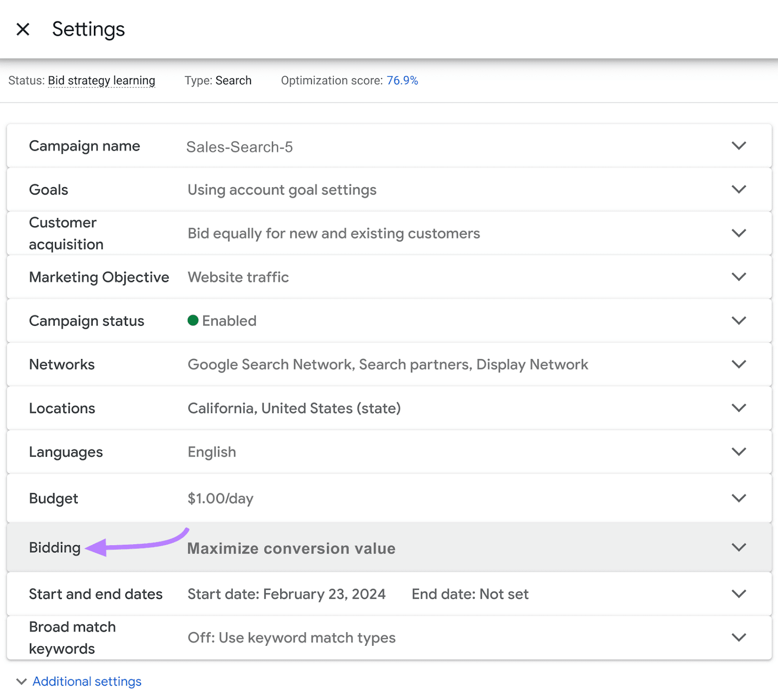 "Bidding" highlighted under Google Ads "Settings" menu