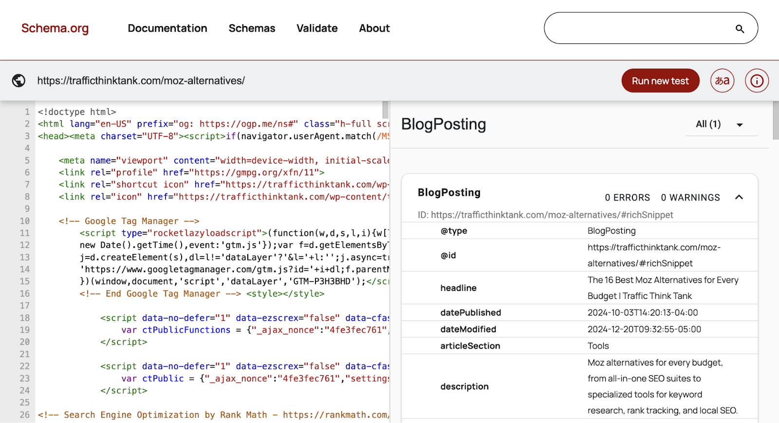 Schema Markup Validator pulls page code and identifies markup.