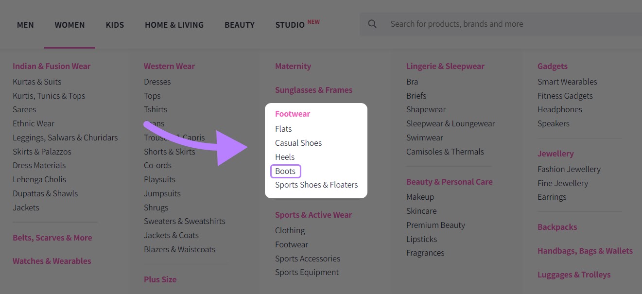 "Boots" selected under "Footwear" category in navigation menu