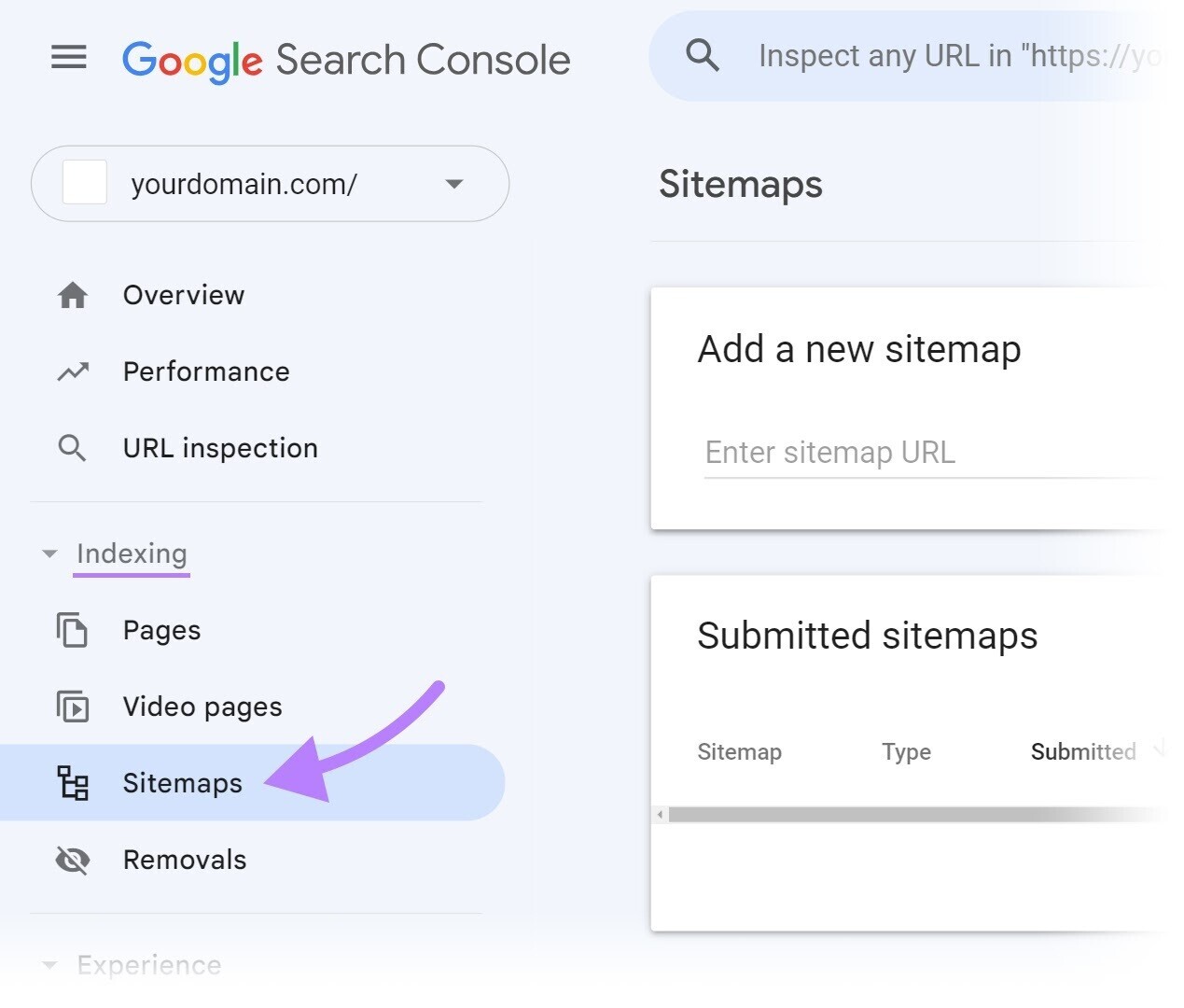 Navigating to “Sitemaps” in GSC menu