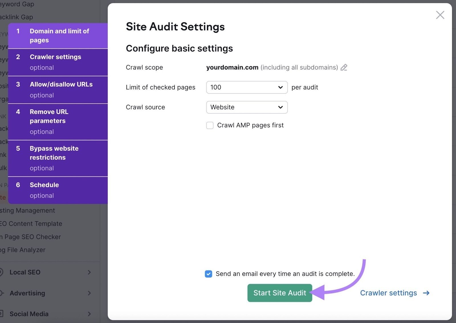 Site Audit Settings page