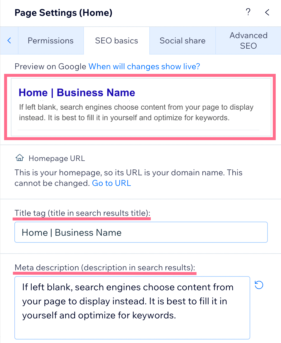 A preview of title tag and meta description in Wix's edit page