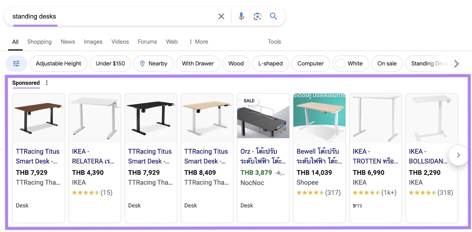 Google SERP with the term "standing desks" entered and the sponsored shopping ads at the top highlighted.