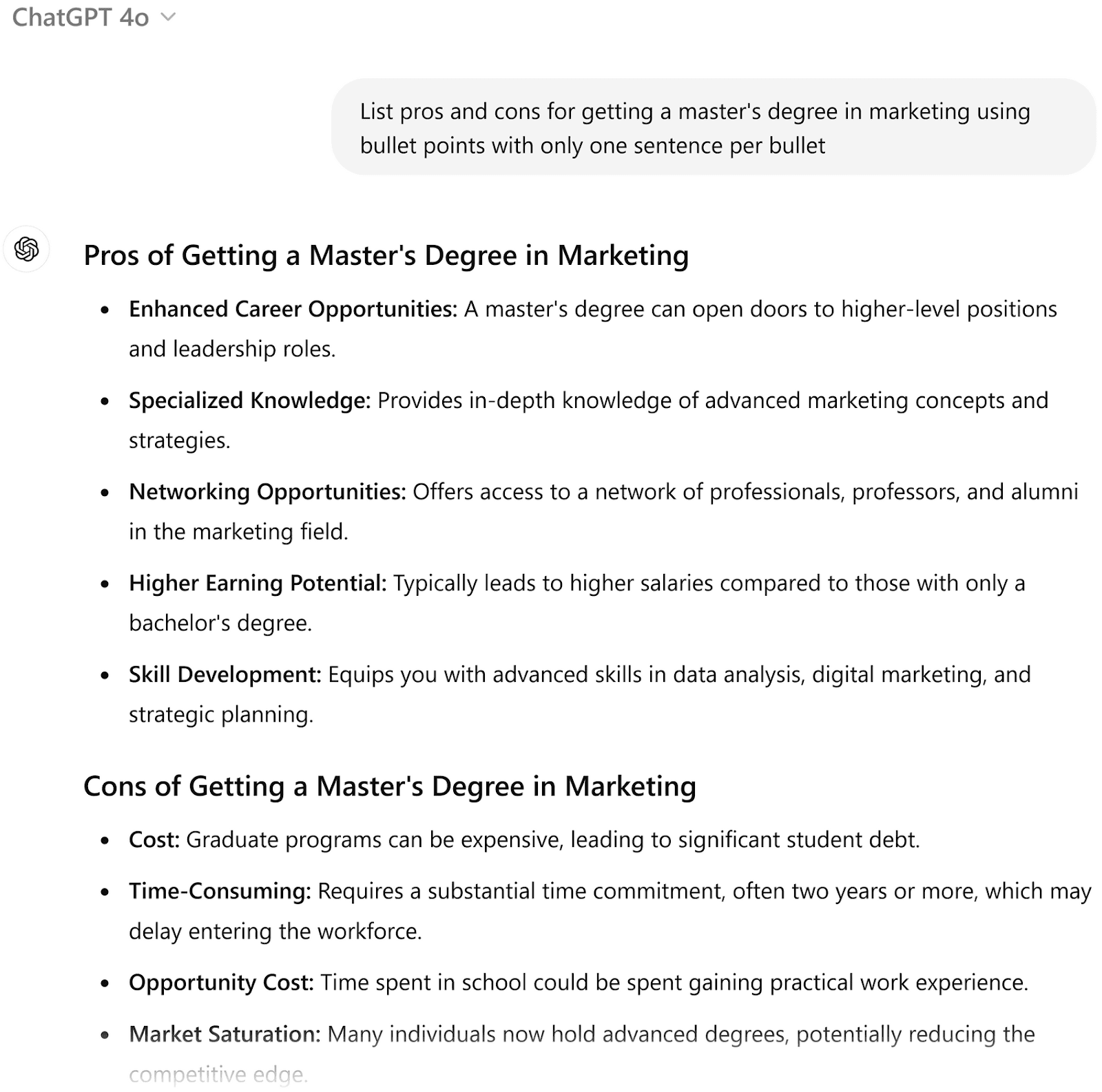 ChatGPT 4o AI interface with a prompt asking to list the pros and cons of getting a master's degree in marketing