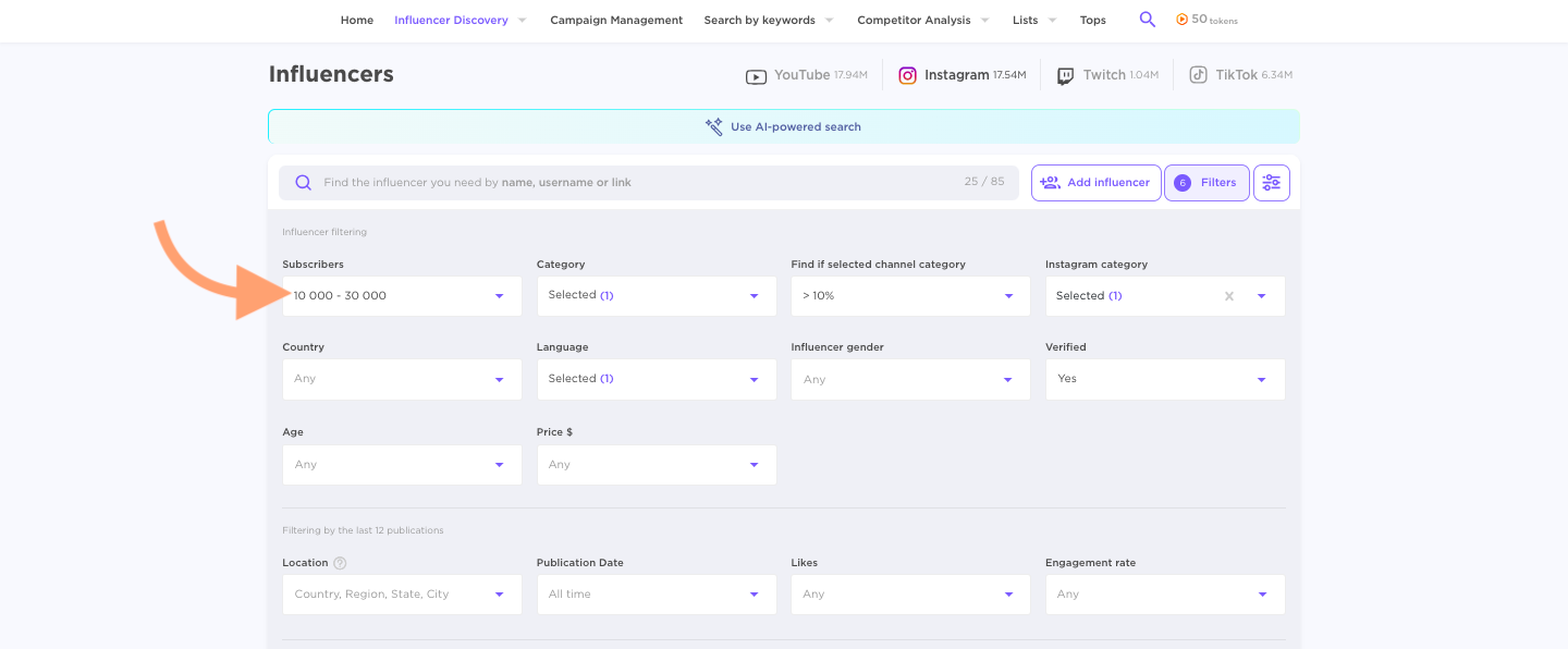 The filters on the directory tool inside the Influencer Analytics app.