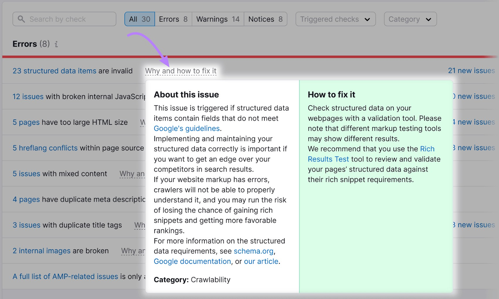 an example of structured data issues in “Why and how to fix” section