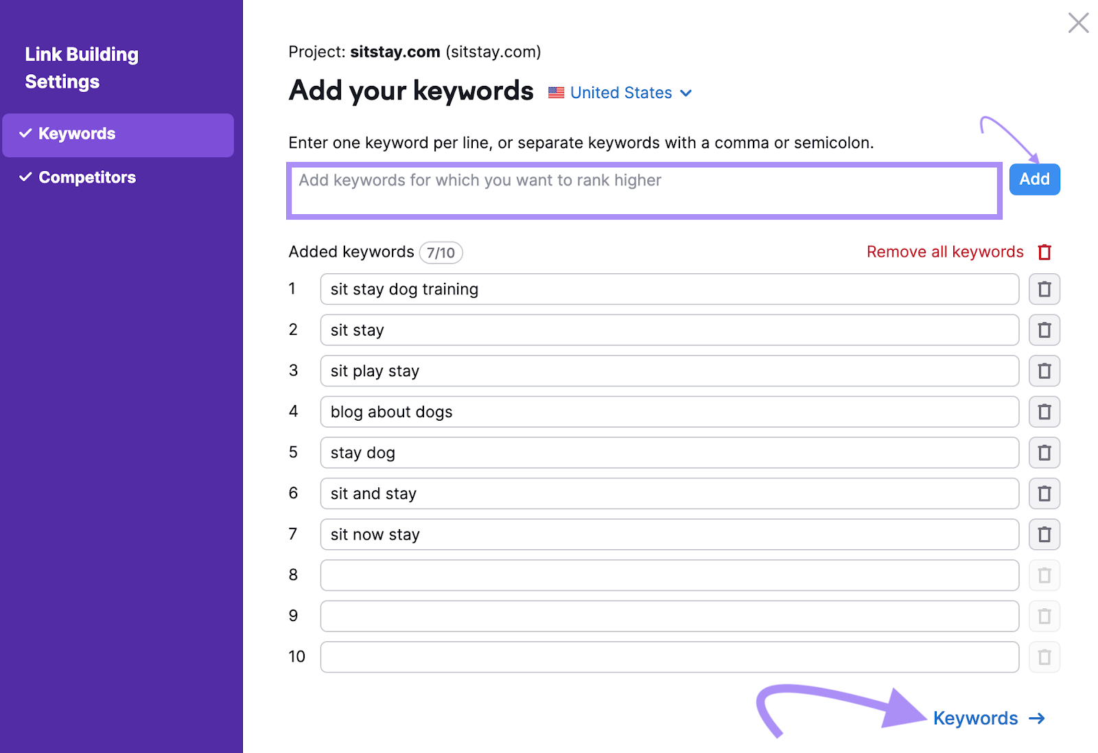 "Add your keywords" window in Link Building Tool settings