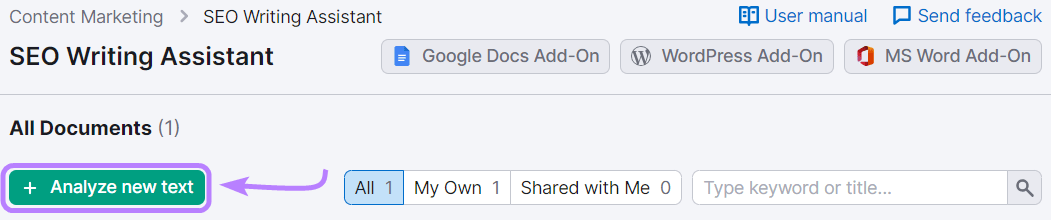 “+ Analyze new text" button selected under SEO Writing Assistant
