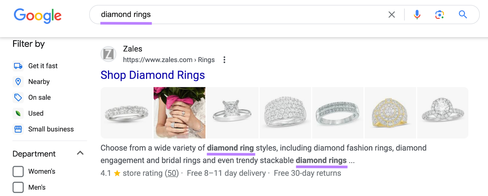 Google showing Zales page as the top SERP result for 'diamond rings' keyword