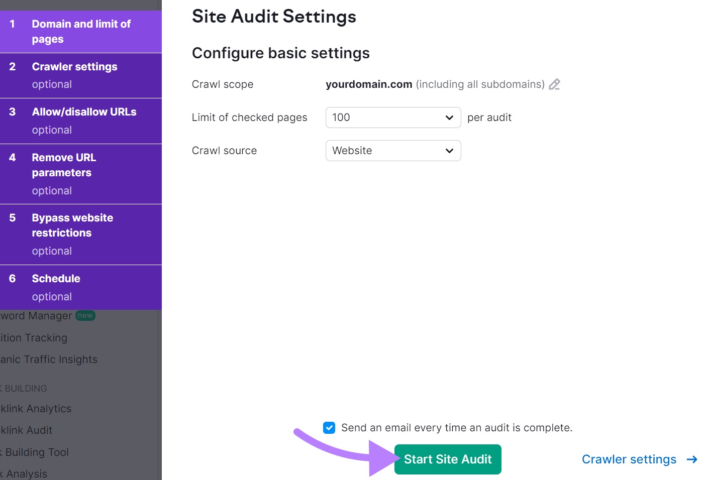 Site Audit Settings window