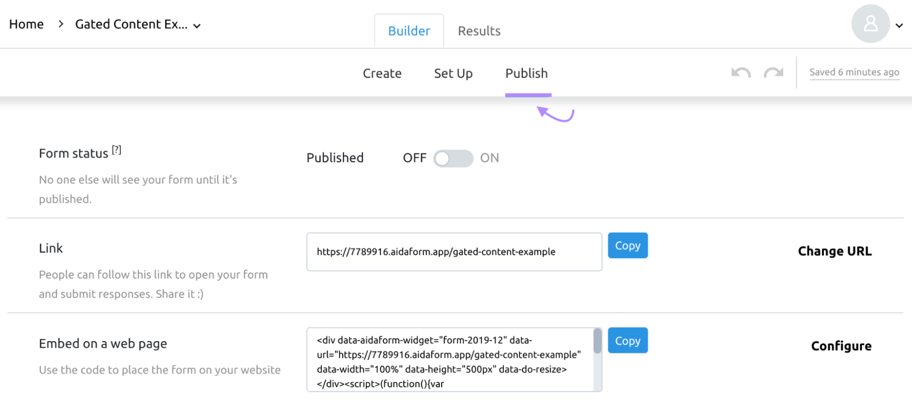 “Publish” tab in Lead Generation Forms app