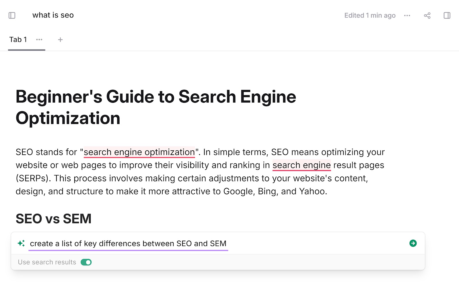 "create a list of key differences between SEO and SEM" prompt used in Frase AI tool