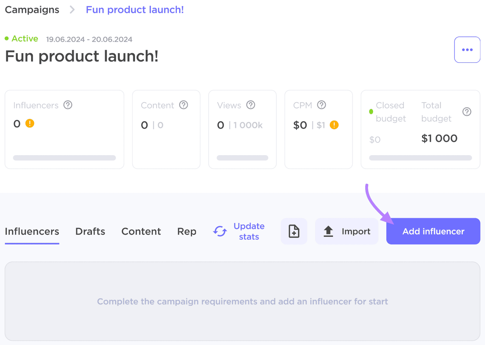 Influencer Analytics campaign management UI showing an active campaign with metric cards and options to add influencers.