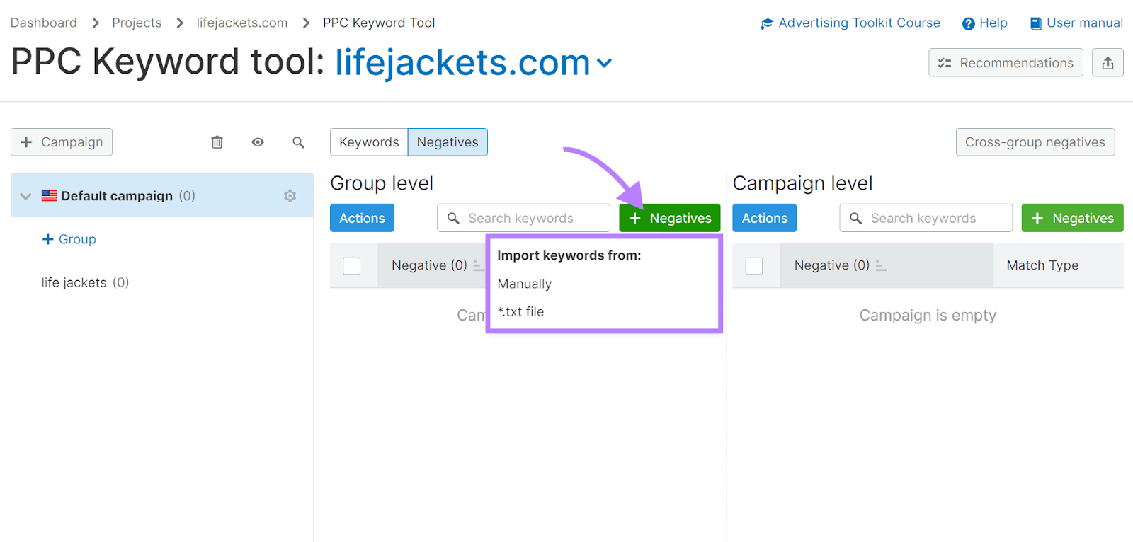 "Import keywords from" drop-down menu under "Negatives"