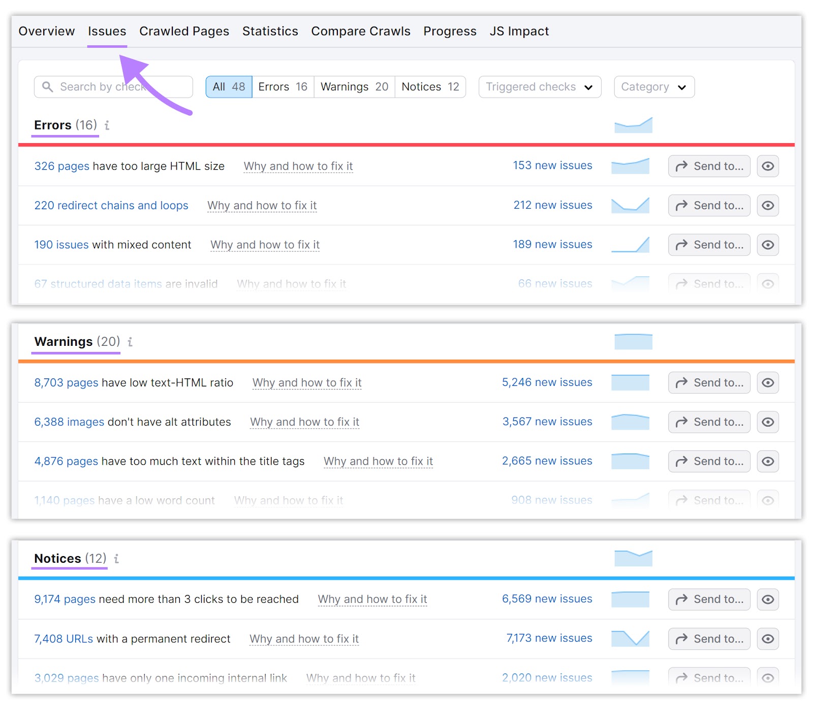 Issues page in Site Audit tool, showing a list of errors, warnings, and notices