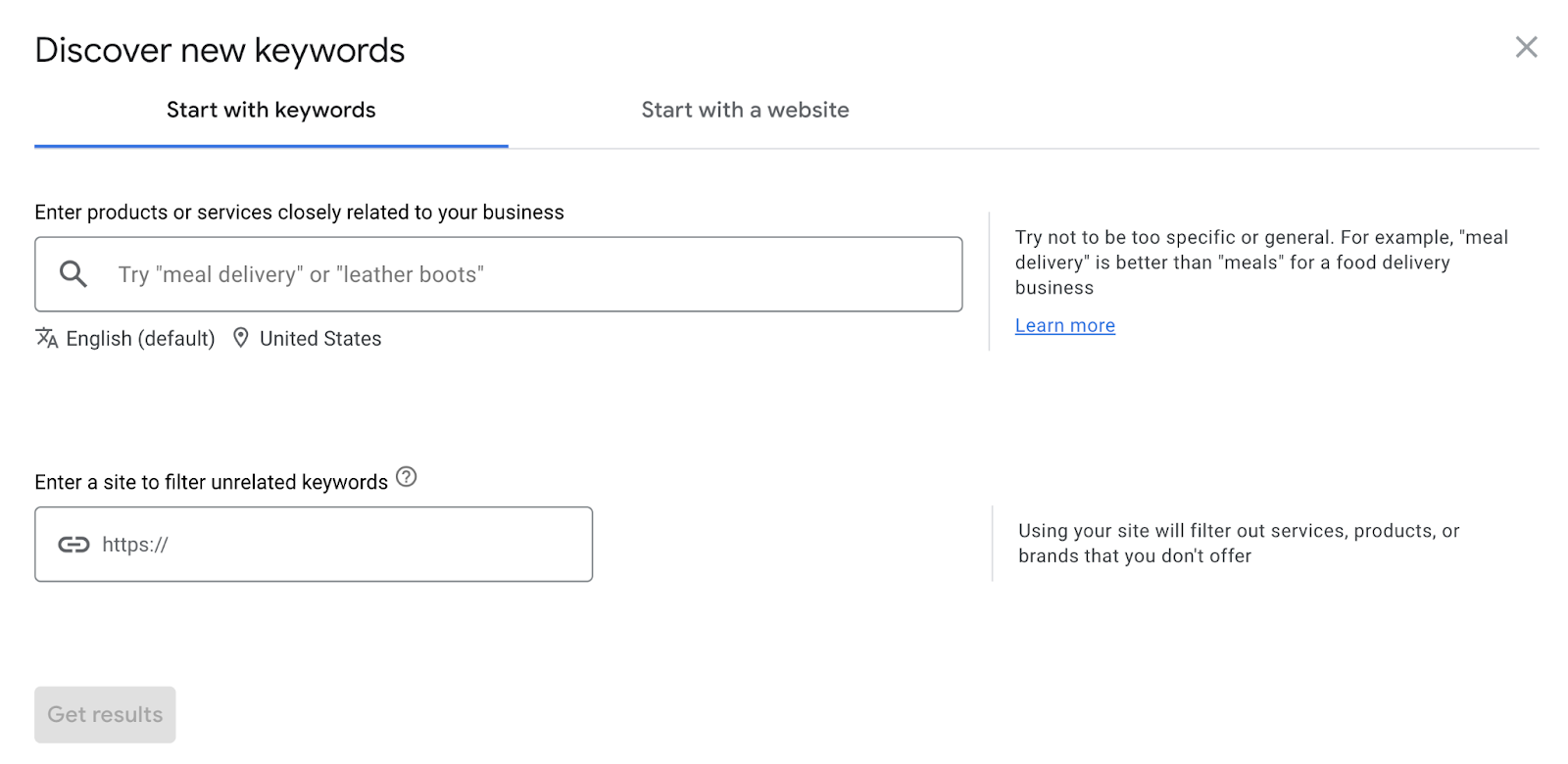 "Discover new keywords" modal in Google Keyword Planner with a keyword search field and URL field