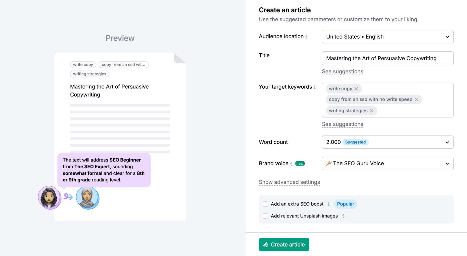 ContentShake AI article setup page with "Brand voice" set to "The SEO Guru Voice"