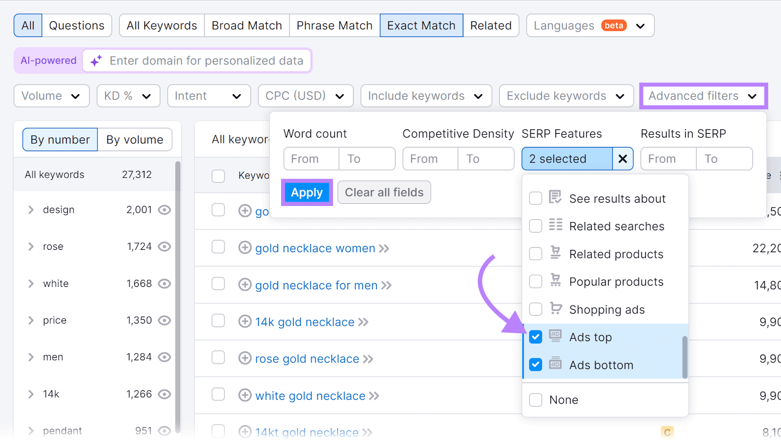 Semrush Keyword Magic tool advanced filters opened, Ads top and Ads bottom SERP Features selected, and Apply button highlighted