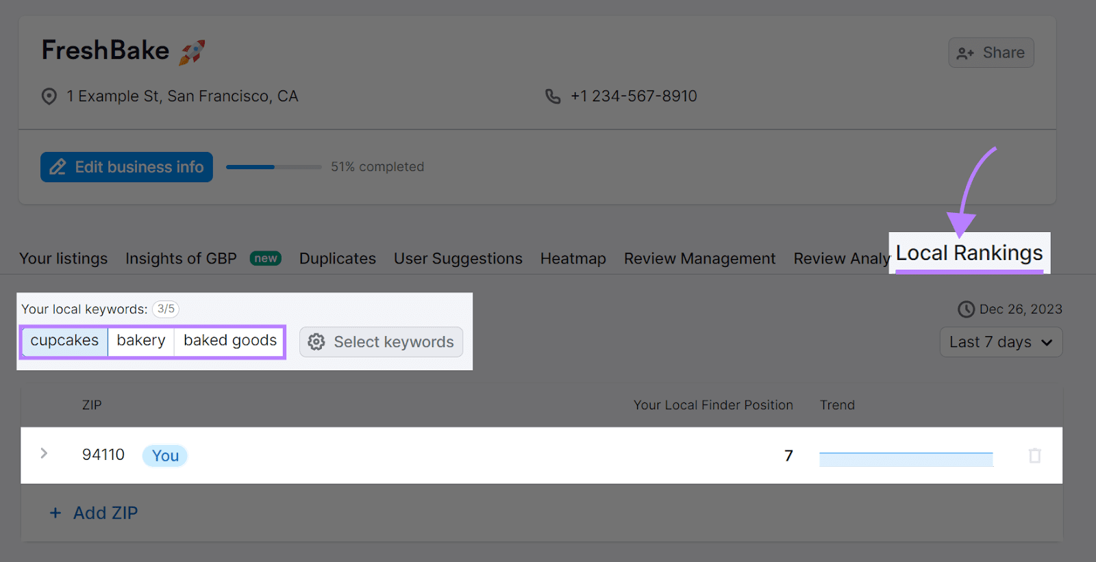 "Local Rankings" tab highlighted in Listing Management tool