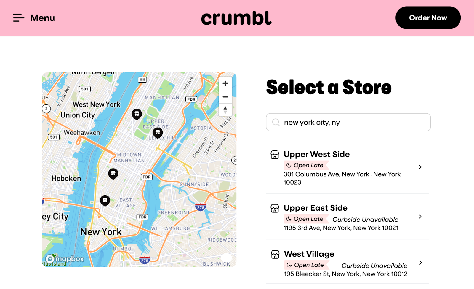 Crumbl Cookies locations search page shows a map with stores in your area as well as an Order Now button in the top right corner