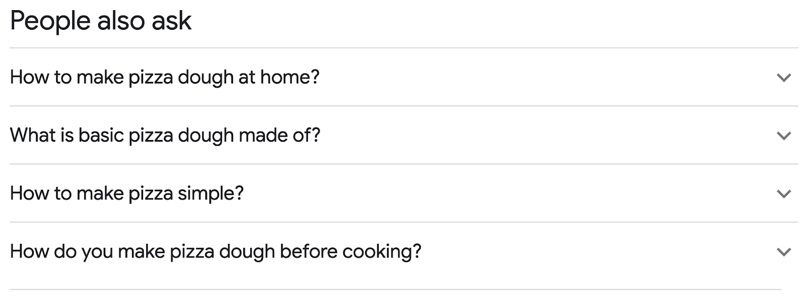 searches include "how to make pizza dough at home," "what is basic pizza dough made of," and more