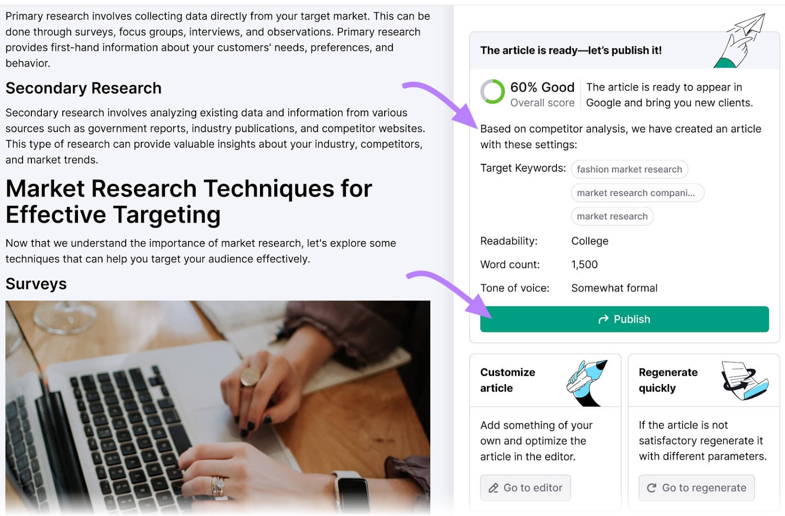 Content score and publish button in ContentShakeAI