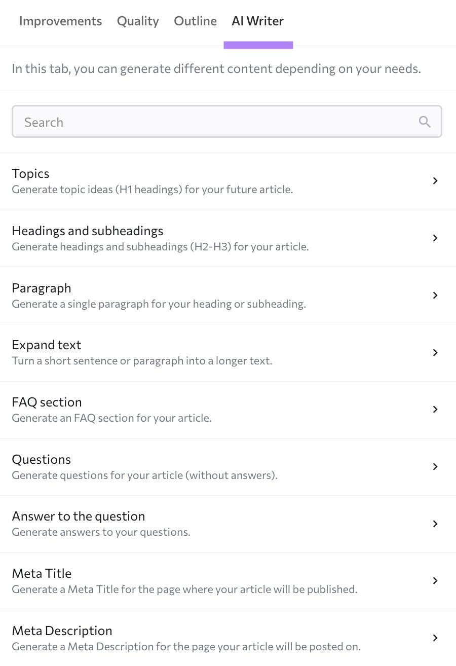 "AI Writer" tab highlighted on SE Ranking with options to generate "Topics", "Headings and subheadings", "Questions", etc.