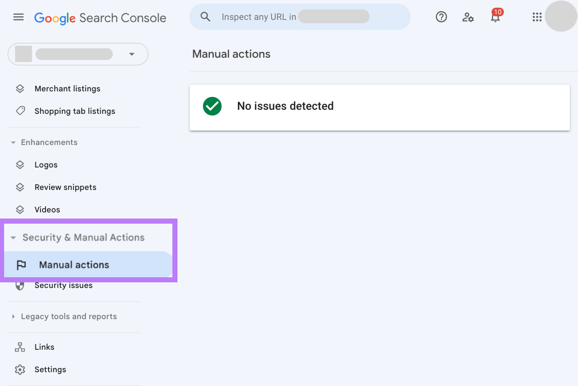 “Manual actions" section in Google Search Console