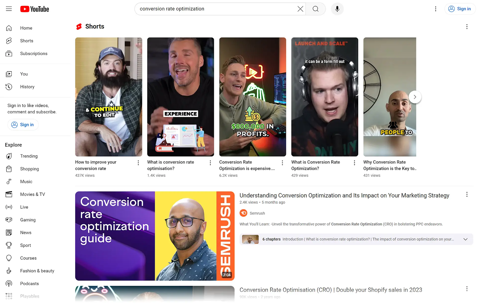 YouTube SERP showing long-form and short-form videos for the "conversion rate optimization" keyword