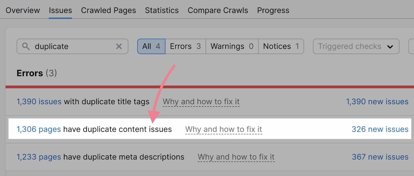 "duplicate content issues" on Site Audit errors highlighted and clicked