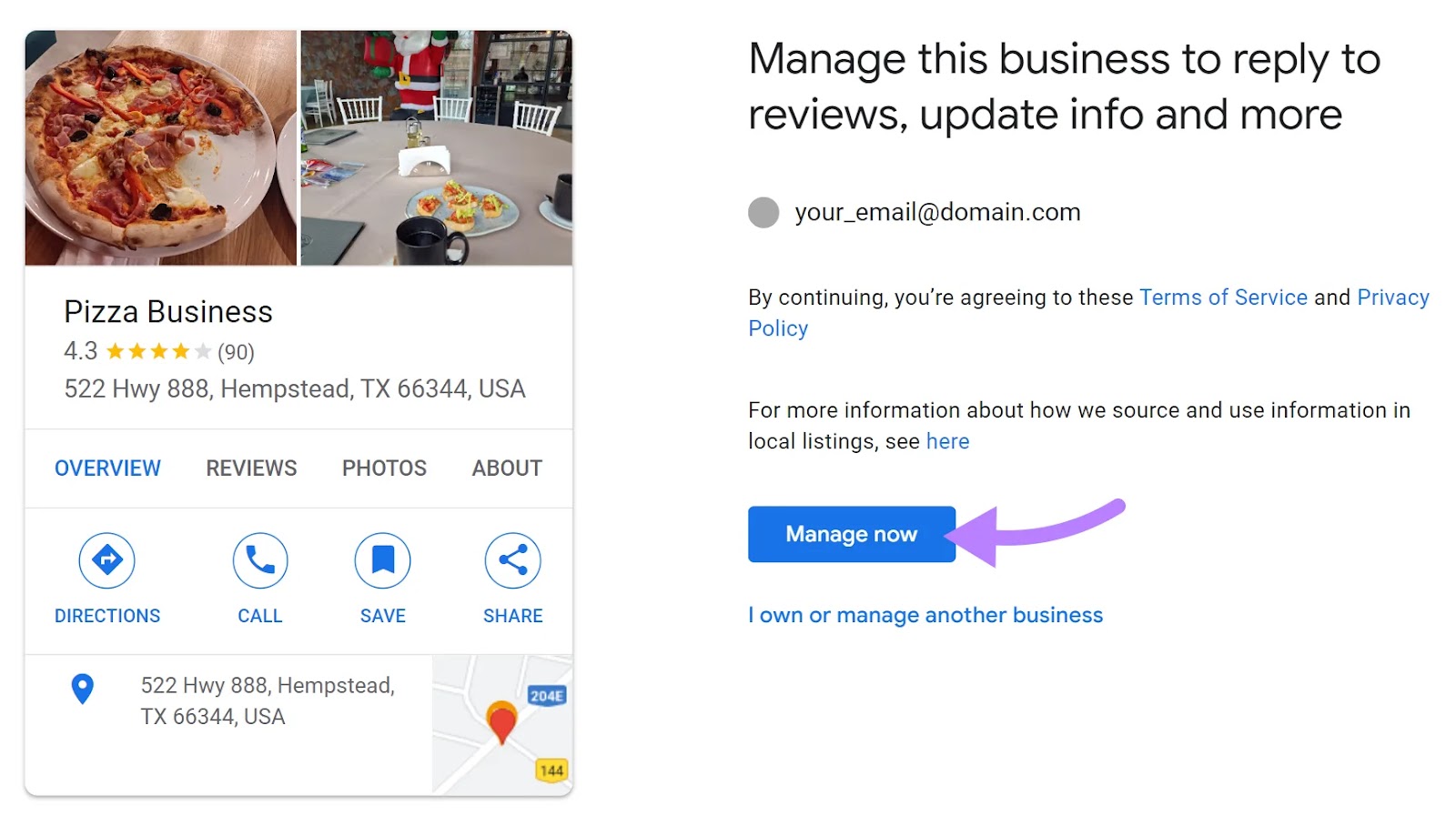 "Manage now" button highlighted next to the "Pizza Business" in GBP page