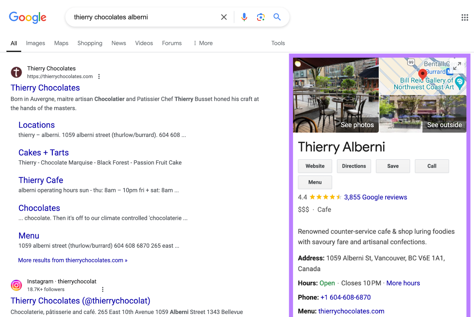 Google Business Profile shows on the right hand side with links to the business's site and instagram on the left