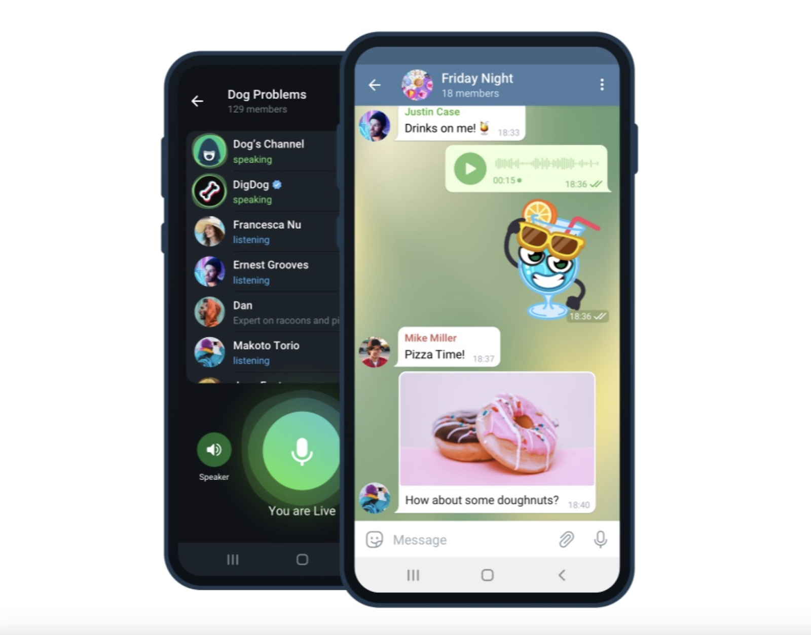 mobile app ui shows space for conversations, voice messages, and messaging with memes and stickers